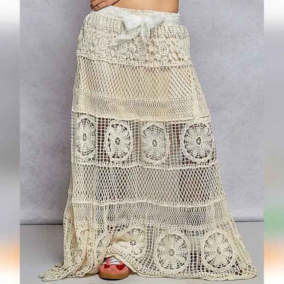 NS01. POL Bohemian Crochet Neutral Cotton One Size Summer Maxi Skirt - Picture 3 of 4